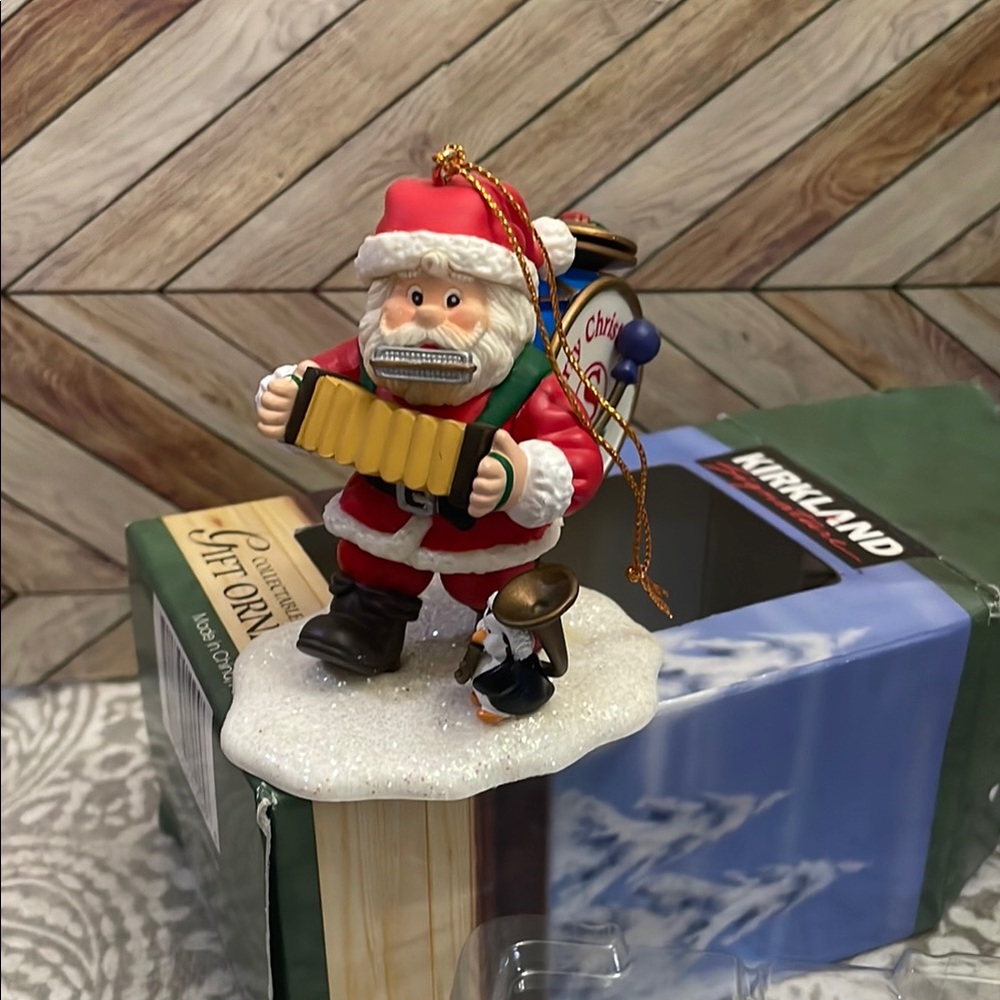 Vintage Kirkland Signature Santa with‎ penguin drum harmonica Ornament 1997